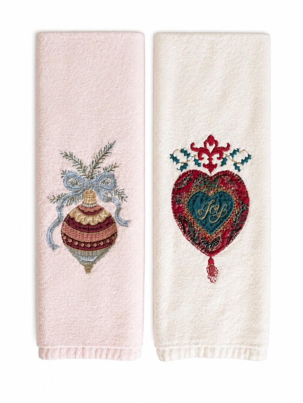 Vintage Embroidered Ornament Hand Towels - Pink & Cream